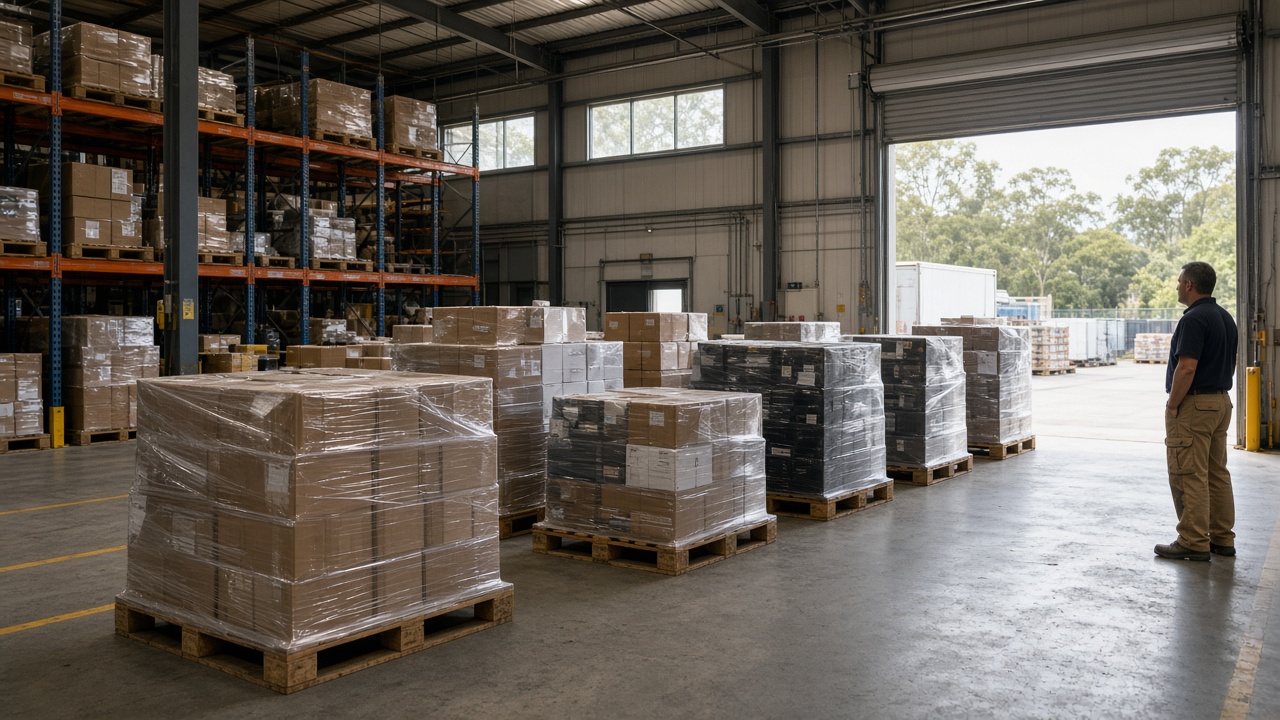 Freight pallets staged in a warehouse bay before dispatch
