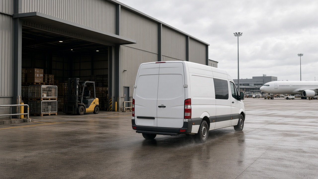 Courier van departing an airport freight terminal
