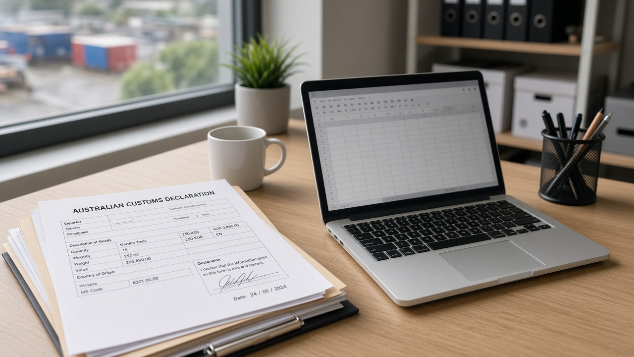 Customs declaration paperwork beside a laptop