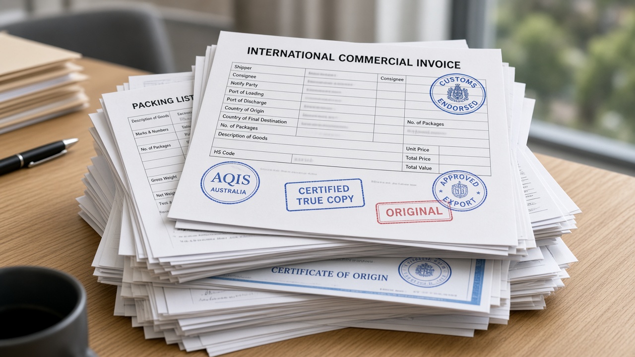 Stack of international shipping documents with stamps
