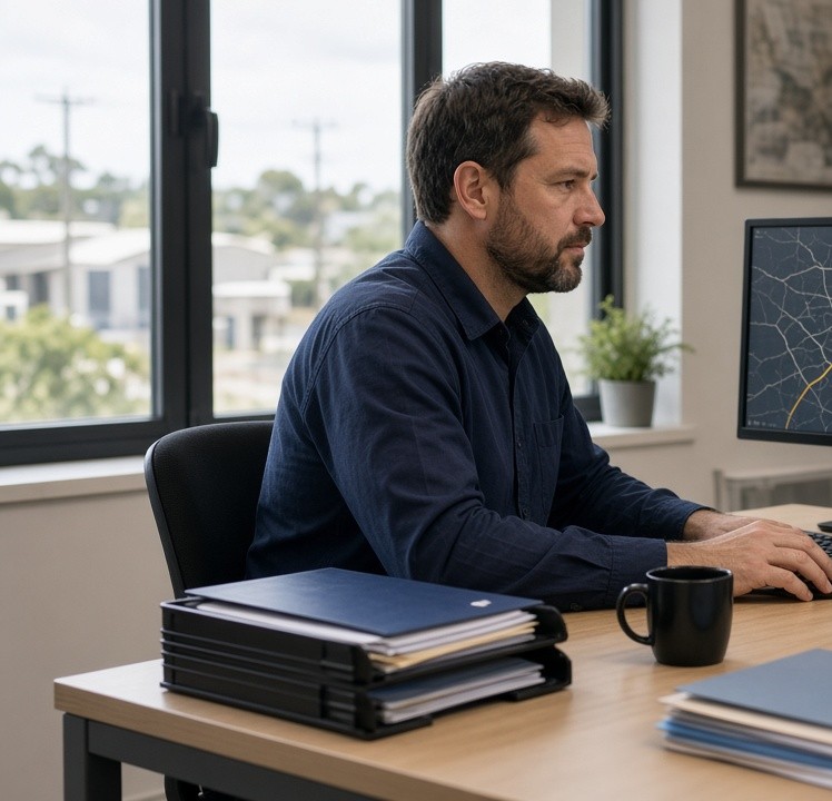 Freight coordinator reviewing shipment files at an Acacia Ridge office desk