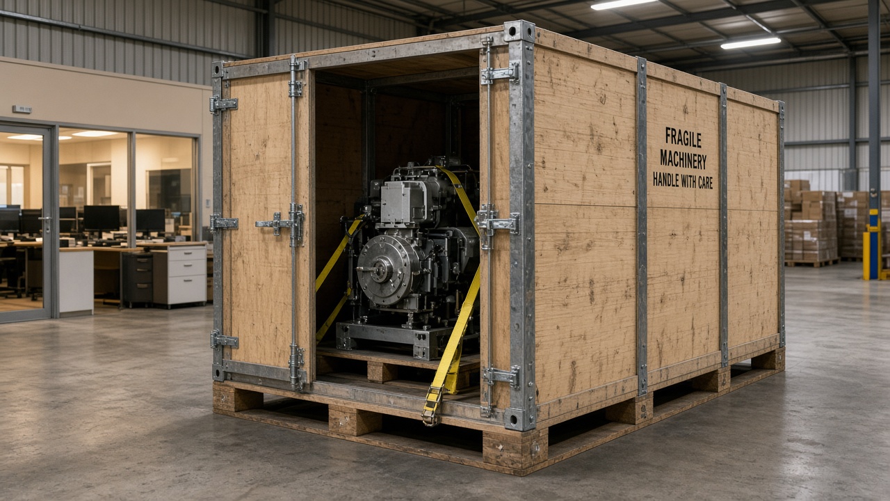 Machinery secured inside a reinforced shipping crate