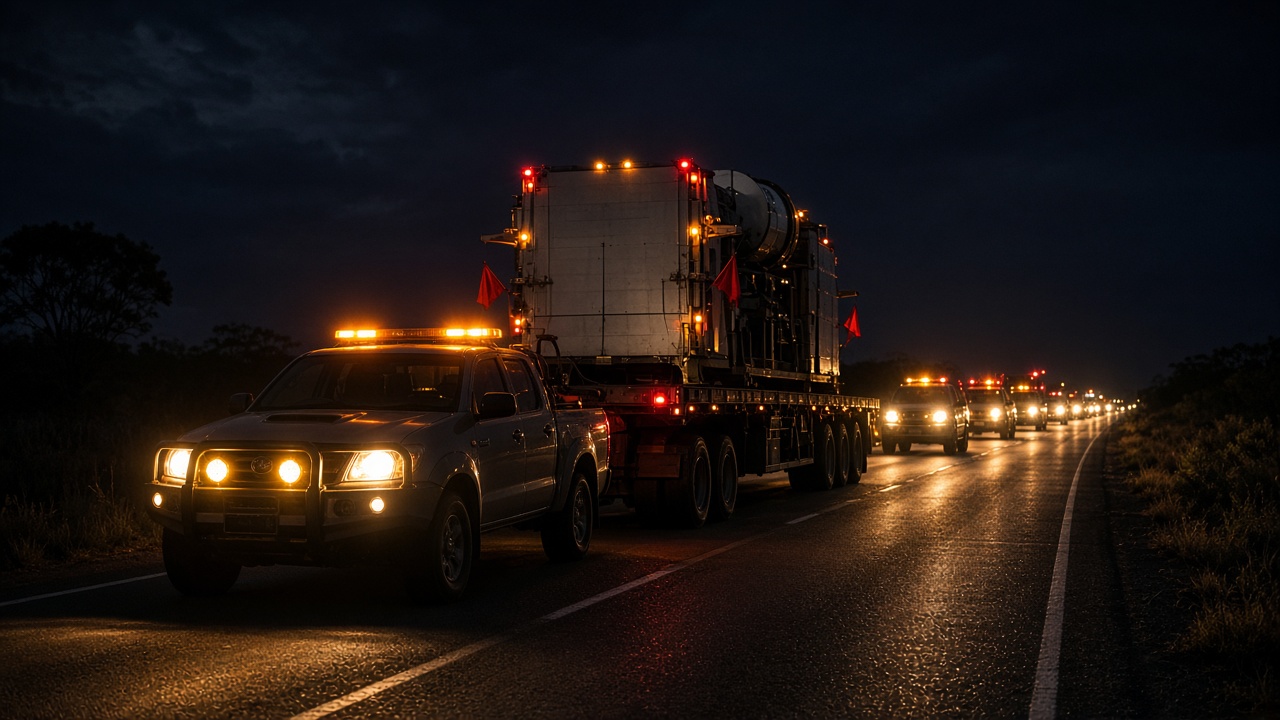 Night convoy with escort vehicles moving oversize load