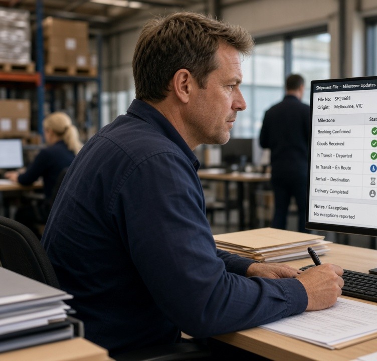 Freight coordinator reviewing milestone updates on a shipment file