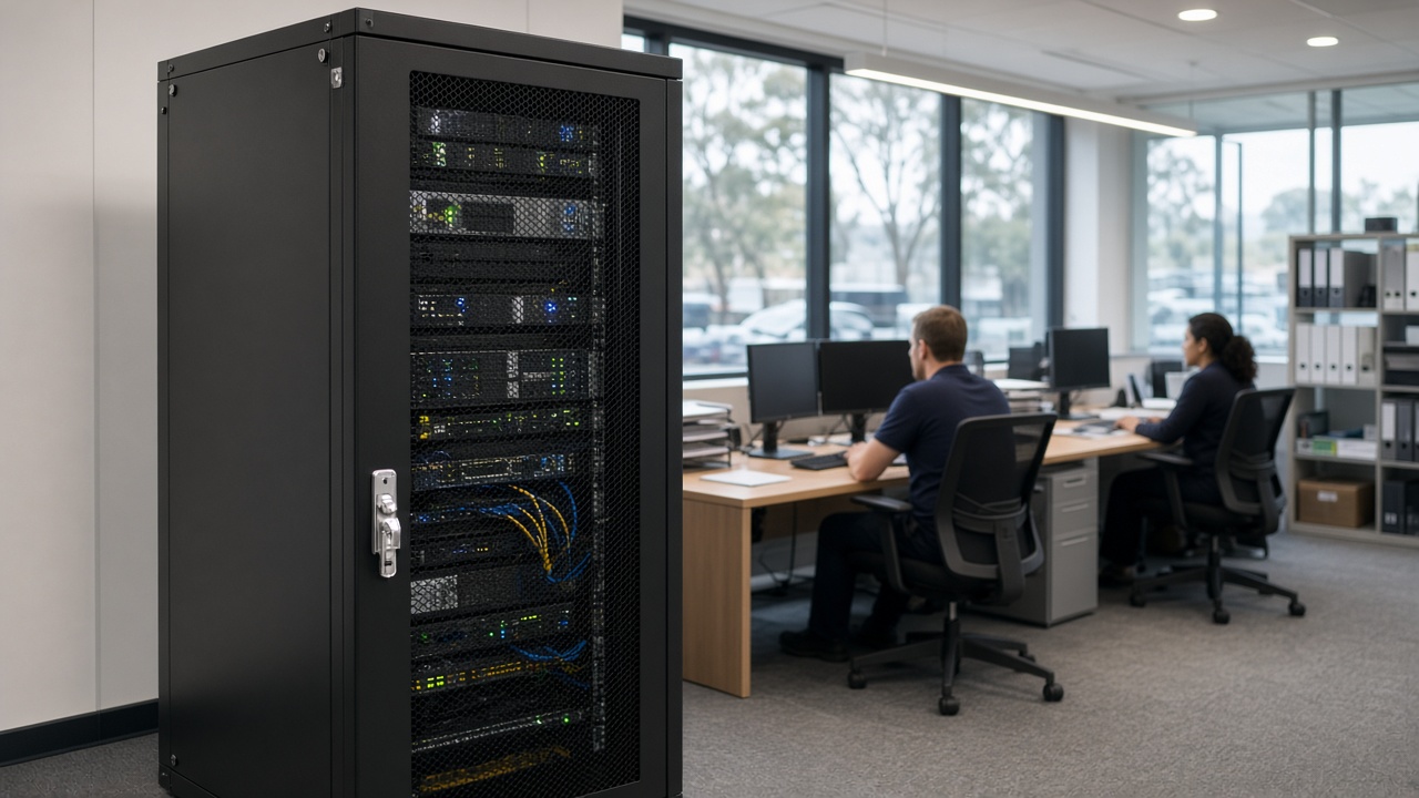 Locked server cabinet in a modern office