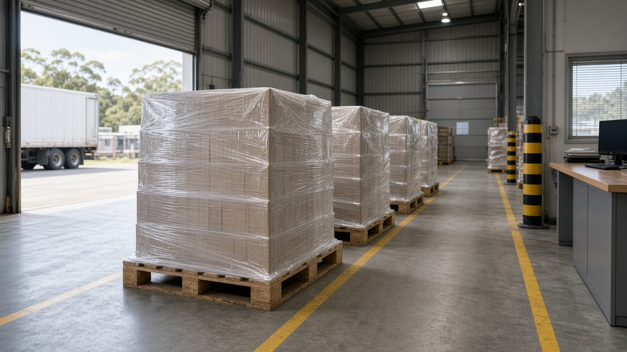 Outbound pallets wrapped and staged in dispatch lane