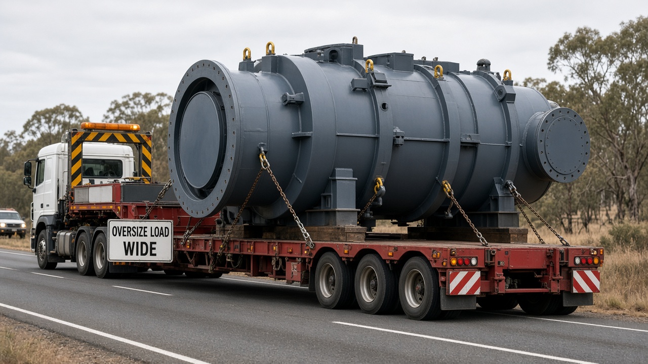 Oversize industrial component secured on a low-loader trailer