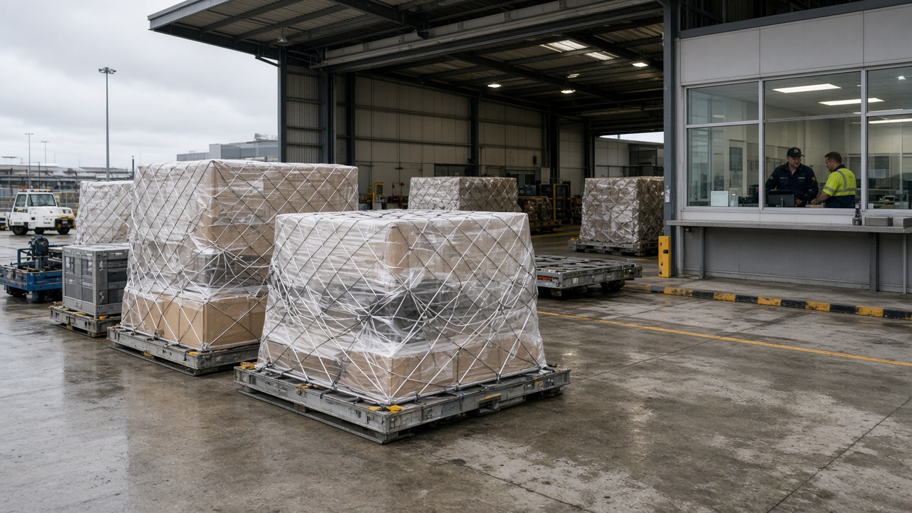 Air freight pallets staged at Brisbane Airport freight terminal