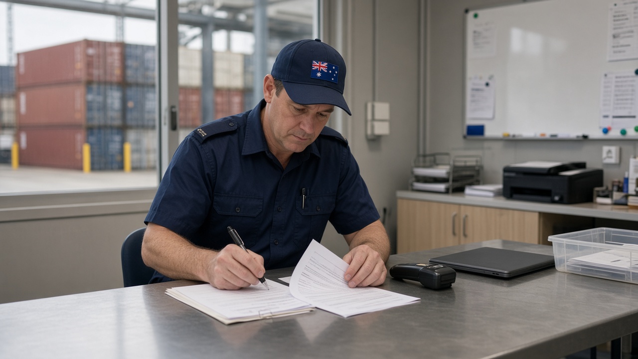 Biosecurity officer reviewing import documentation at a container examination facility