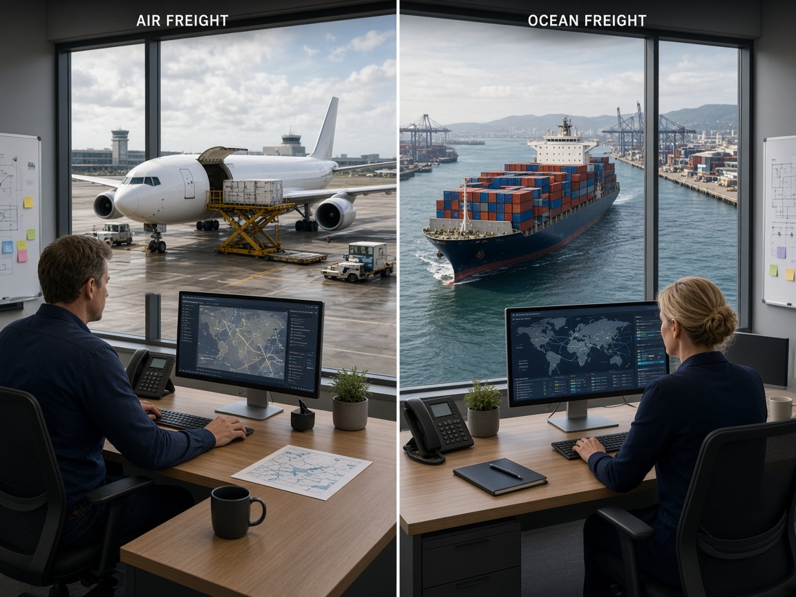 Split view concept of air and ocean freight modes