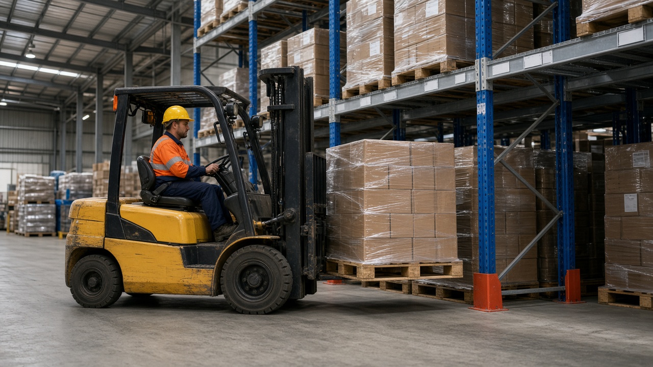 Forklift operator placing pallets into designated storage lanes