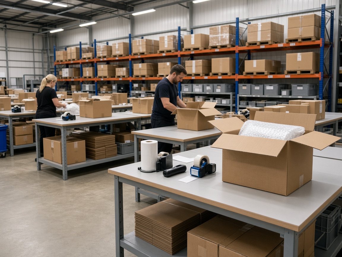 Pick-and-pack benches in a fulfilment warehouse