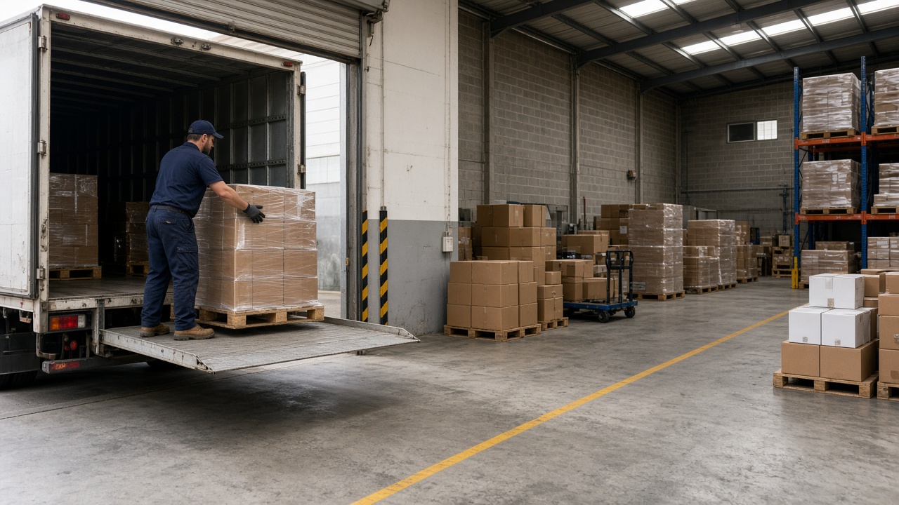 Components unloaded at a Brisbane warehouse receival dock