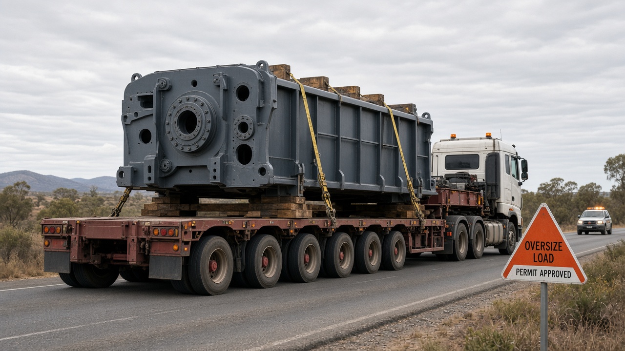 Oversize mining component on a low loader during permit-approved transit